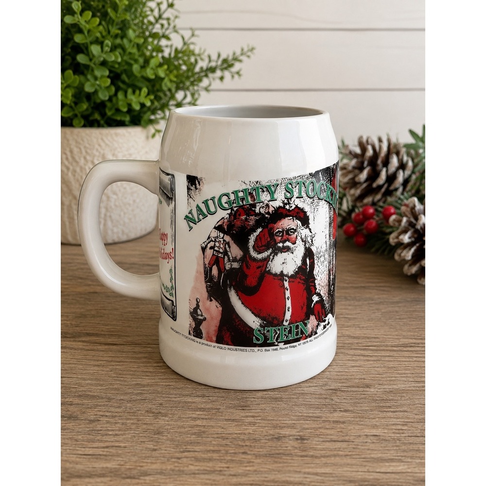 Vintage 1983 Viglo Naughty Stocking Stein‎ Santa Claus Christmas Beer Mug White